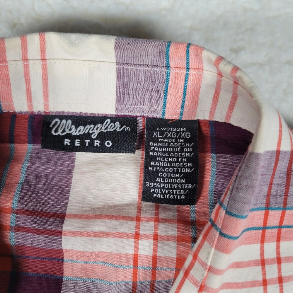 Wrangler Retro Mens XL Plaid Western Snap Shirt Purple Orange Cotton Blend - Picture 9 of 15